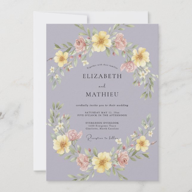 Yellow Mauve Wreath Wedding Invitation (Front)