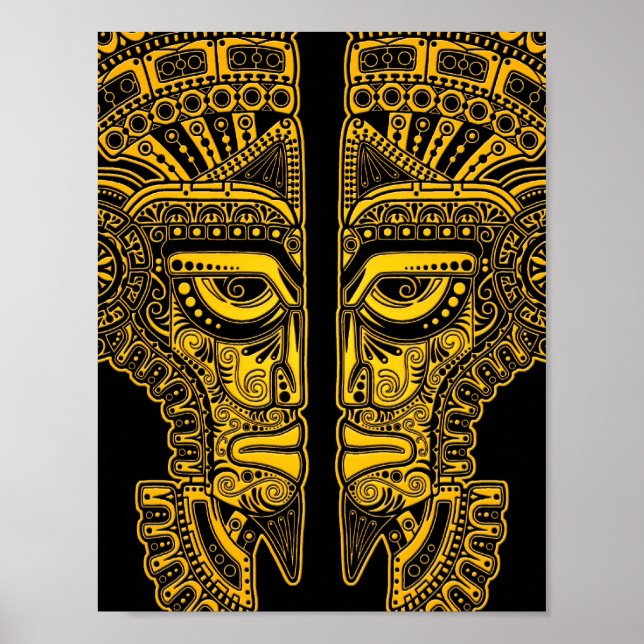 Yellow Mayan Twins Mask Illusion on Black Poster (Front)