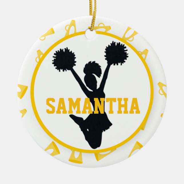 Yellow Megaphones and Cheerleader Personalised Ceramic Tree Decoration (Front)