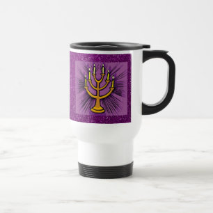 Yellow Menorah Purple Faux Glitter Travel Mug