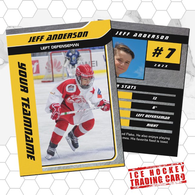 Yellow Metal Ice Hockey Trading Card (Hockey Trading Card with custom team name and hockey player name in Yellow and Black)