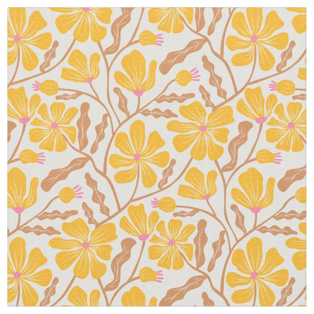 Yellow Mid Century Modern Floral Pattern Fabric (Close Up)