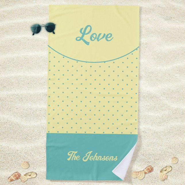 Yellow Mid Century Turquoise Retro Dots Love Beach Towel (Love Turquoise Retro Dots Yellow Mid Century Beach Towel ©Susanne Sachers - Sunny Mind Design)