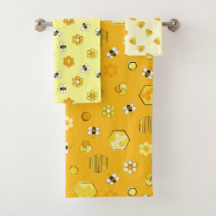 Yellow Midcentury Retro Honey Bee Pattern Bath Towel Set