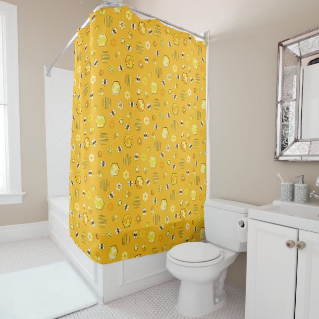 Yellow Midcentury Retro Honey Bee Pattern Shower Curtain (In Situ)