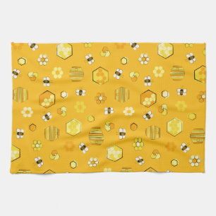 Yellow Midcentury Retro Honey Bee Pattern Tea Towel
