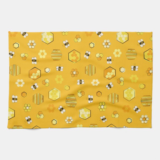 Yellow Midcentury Retro Honey Bee Pattern Tea Towel (Horizontal)