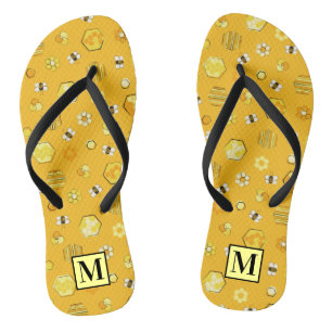 Yellow Midcentury Retro Honey Bee Pattern Thongs