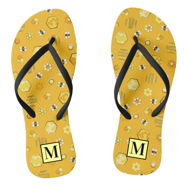Yellow Midcentury Retro Honey Bee Pattern Thongs (Footbed)