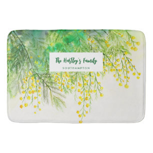 Yellow Mimosa Floral Watercolor Painting Bath Mat