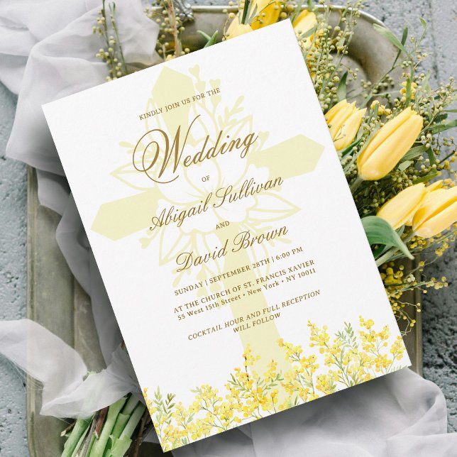 Yellow Mimosa Religious Wedding Invitation (Creator Uploaded)