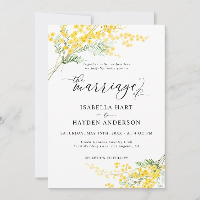 Yellow Mimosa Silver Wattle Floral Modern Wedding  Invitation (Front)