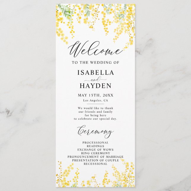 Yellow Mimosa Spring Floral Wedding Flat Program (Front)