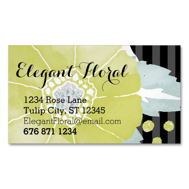 Yellow Mint and Black Colour Floral Pattern Magnetic Business Card (Front)