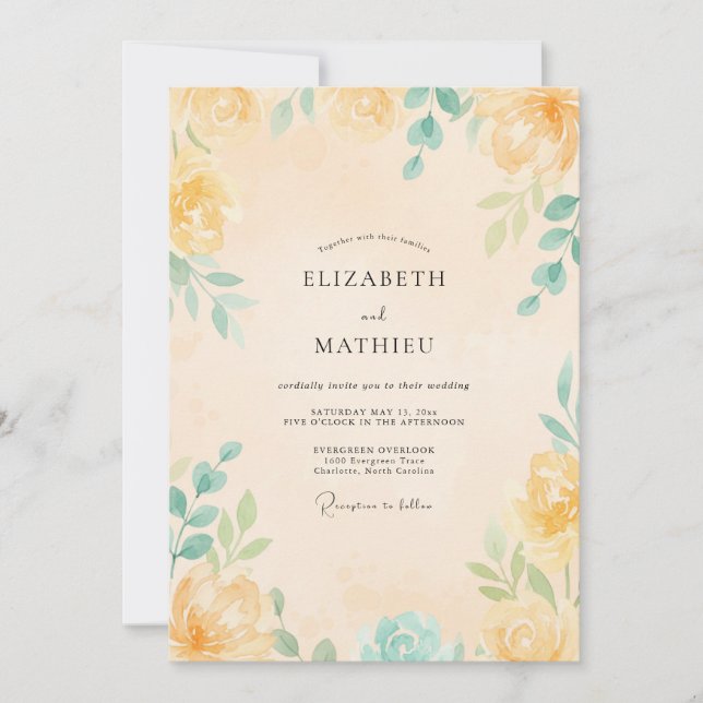 Yellow Mint Leafy Wedding Invitation (Front)