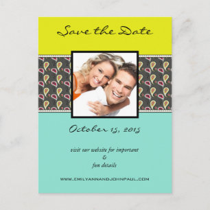 Yellow & Mint Paisley Photo Save The Date Announcement Postcard