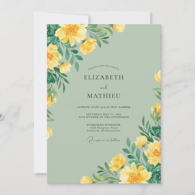 Yellow Mint Wildflower Wedding Invitation (Front)