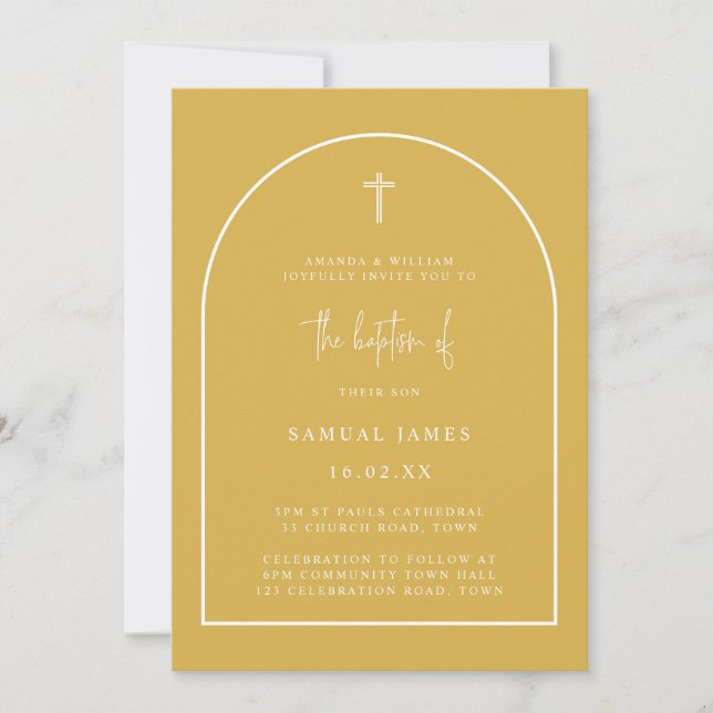 Yellow Modern Arch Script Minimalist Baptism Invitation (Front)