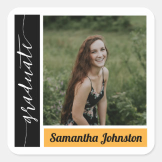 Yellow Modern Block Photo Graduation Square Sticker