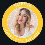 Yellow Modern Bright Happy 21st Birthday Photo Classic Round Sticker<br><div class="desc">Cute 21st Birthday Happy Birthday Custom Photo stickers for your son or daughter's birthday party. They feature a cute customizable text and image. Perfect for invitations and party bag goodies.</div>