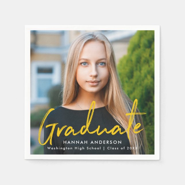 Yellow | Modern Brush Script Photo Graduation Napkin (Front)