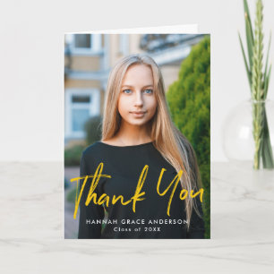 Yellow Modern Brush Script Photo Graduation Thank You Card