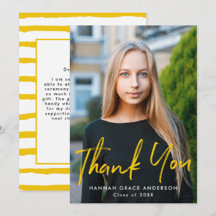 Yellow Modern Brush Script Photo Graduation Thank You Card