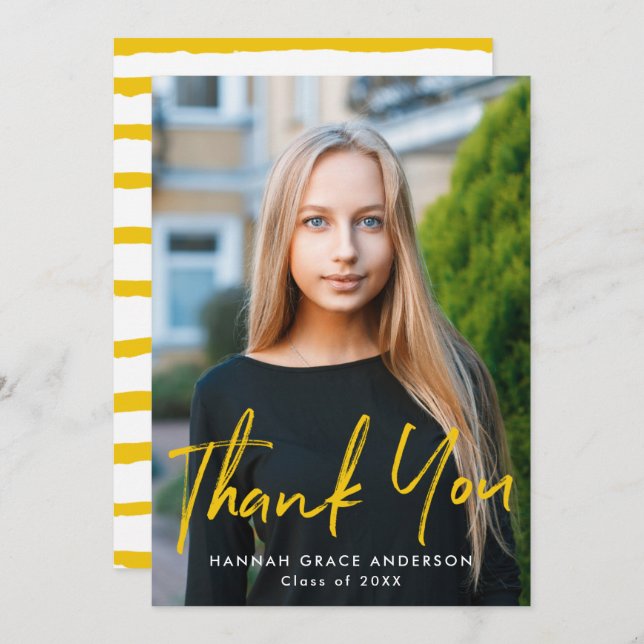 Yellow | Modern Brush Script Photo Graduation Thank You Card (Front/Back)