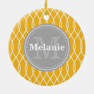 Yellow Modern Lattice Pattern Grey Monogram Ceramic Ornament