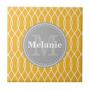 Yellow Modern Lattice Pattern Grey Monogram Ceramic Tile