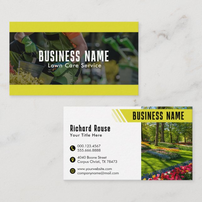 Yellow Modern Lawn Care Landscaping Business Card (Front/Back)