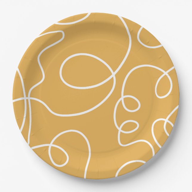 Yellow Modern Minimal Line Brush Strokes Paper Plate (Front)