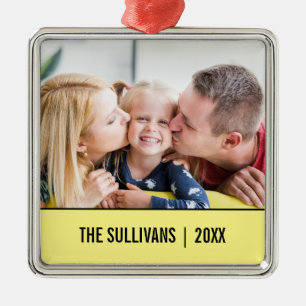 Yellow Modern Personalised Photo and custom text Metal Ornament