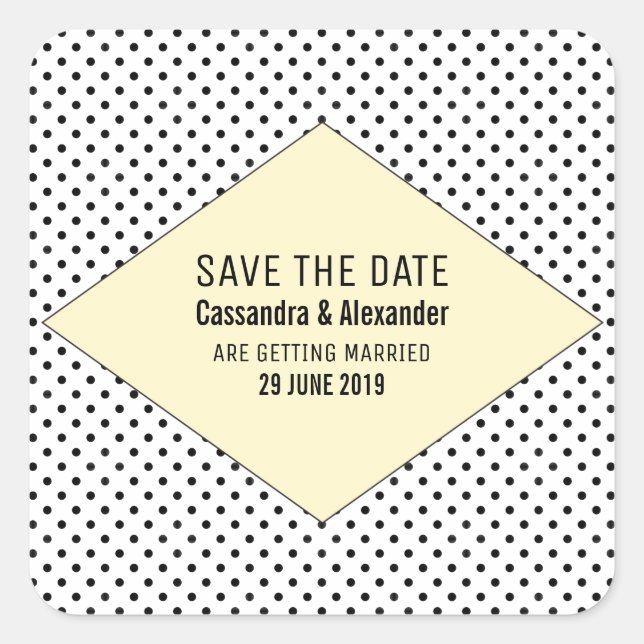 Yellow Modern Polka Dots Save the Date Square Sticker (Front)