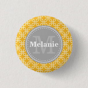 Yellow Modern Squares Pattern Grey Monogram 3 Cm Round Badge