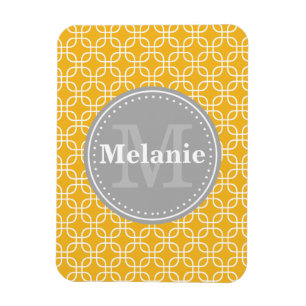 Yellow Modern Squares Pattern Grey Monogram Magnet
