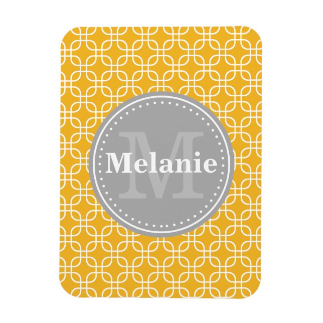 Yellow Modern Squares Pattern Grey Monogram Magnet (Vertical)