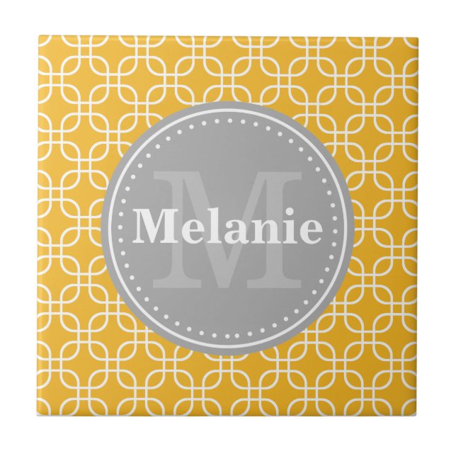 Yellow Modern Squares Pattern Grey Monogram Tile (Front)