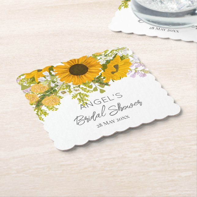 Yellow Modern Sunflowers Bouquet Bridal Shower Paper Coaster (Angled)