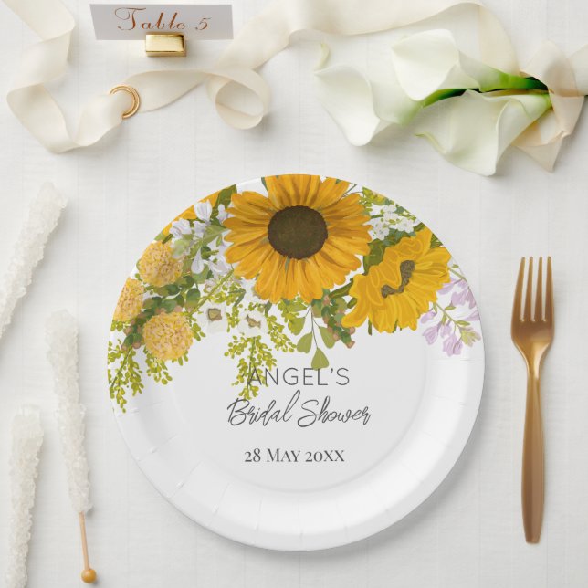 Yellow Modern Sunflowers Bouquet Bridal Shower Paper Plate (Wedding)