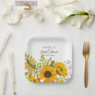 Yellow Modern Sunflowers Bouquet Bridal Shower Paper Plate