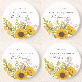 Yellow Modern Sunflowers Bouquet Wedding Coaster
