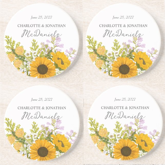 Yellow Modern Sunflowers Bouquet Wedding  Coaster (Creator Uploaded)