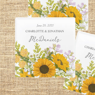 Yellow Modern Sunflowers Bouquet Wedding Glass Coaster