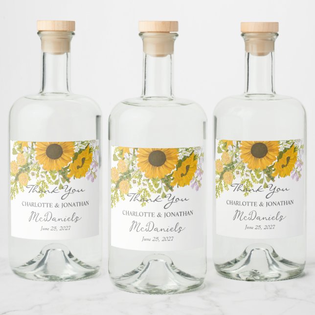 Yellow Modern Sunflowers Bouquet Wedding  Liquor Bottle Label (Bottles)