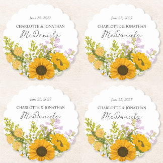 Yellow Modern Sunflowers Bouquet Wedding Paper Coaster