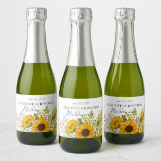 Yellow Modern Sunflowers Bouquet Wedding  Sparkling Wine Label
