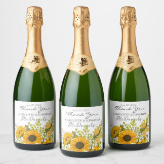 Yellow Modern Sunflowers Bouquet Wedding  Sparkling Wine Label