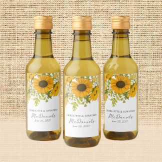 Yellow Modern Sunflowers Bouquet Wedding Wine Label