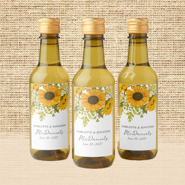 Yellow Modern Sunflowers Bouquet Wedding  Wine Label (Creator Uploaded)